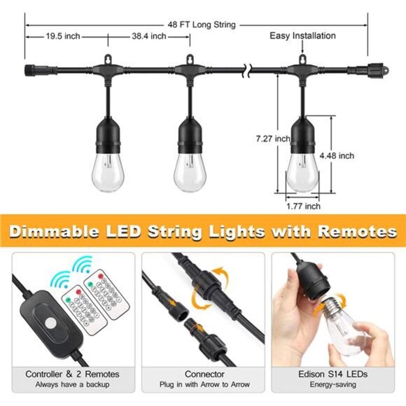 3 Color Outdoor LED Dimmable String Lights for Patio with Remote, Plug in 48FT - Picture 6 of 7